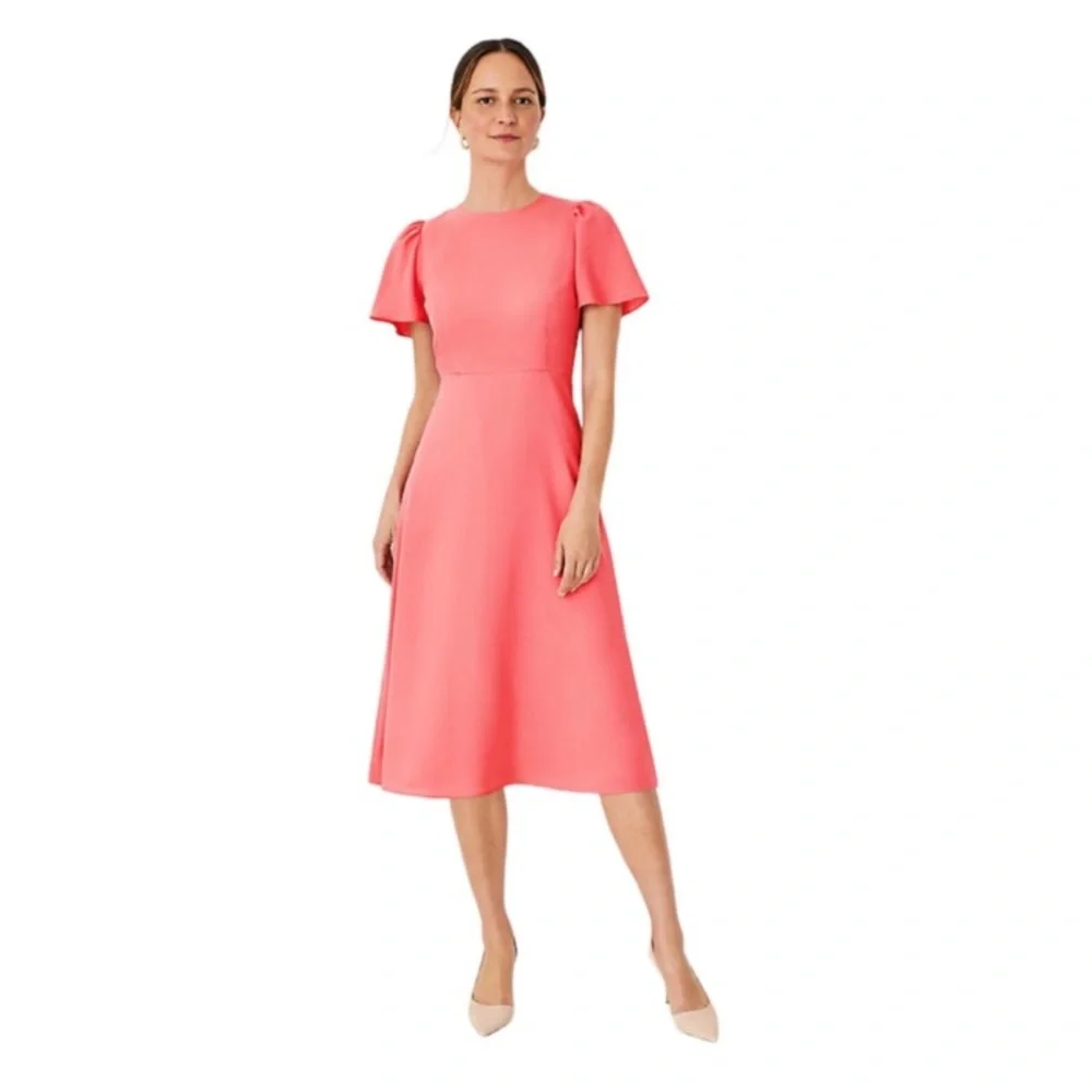 Ann Taylor Crepe Flutter Sleeve A-Line Flowy Flare Midi Dress Coral Pink 12P